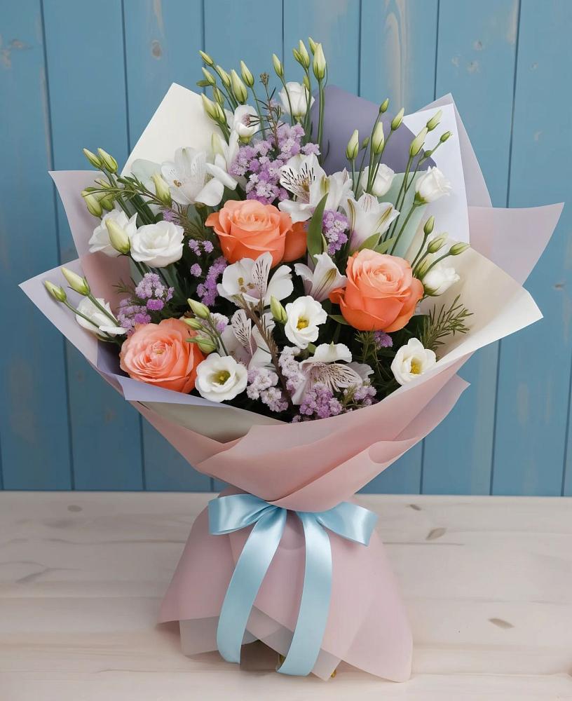 Букет цветов из: Лизиантусы, Розы, Альстромерии и Гипсофила в Лунево
