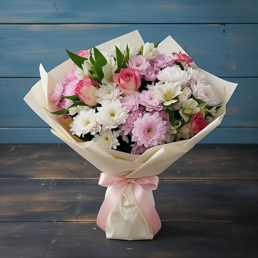 Букет цветов из: Хризантемы, Альстромерии и Розы в Лунево